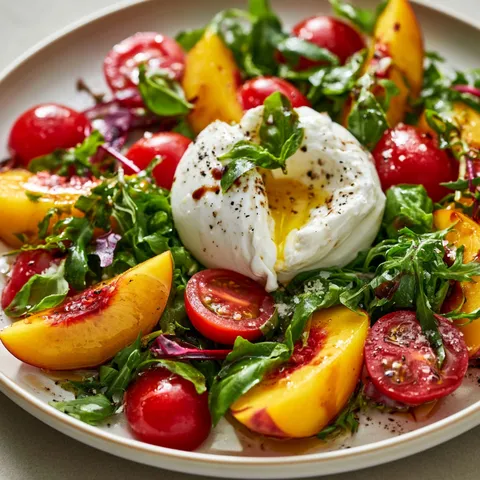 Un mélange de burrata, pêches et tomates cerises dans un bol d'été.