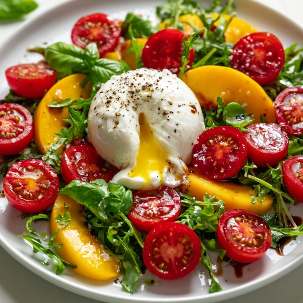 Délicieuse salade d'été aux tomates cerises, pêches et burrata, relevée à l’huile d’olive.