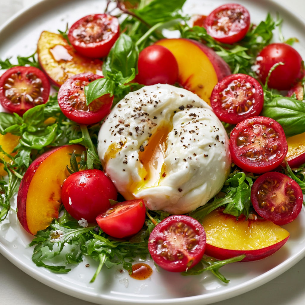 Plat d'été méditerranéen, douceur pêche et burrata.