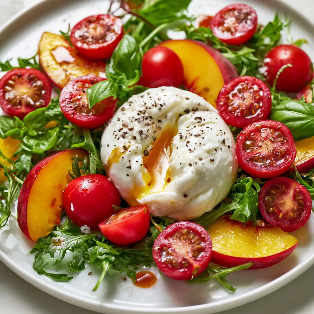 Plat d'été méditerranéen, douceur pêche et burrata.