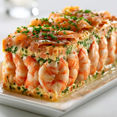 Une terrine froide aux saveurs délicates de saumon et crevettes, accompagnée d'une sauce maison.