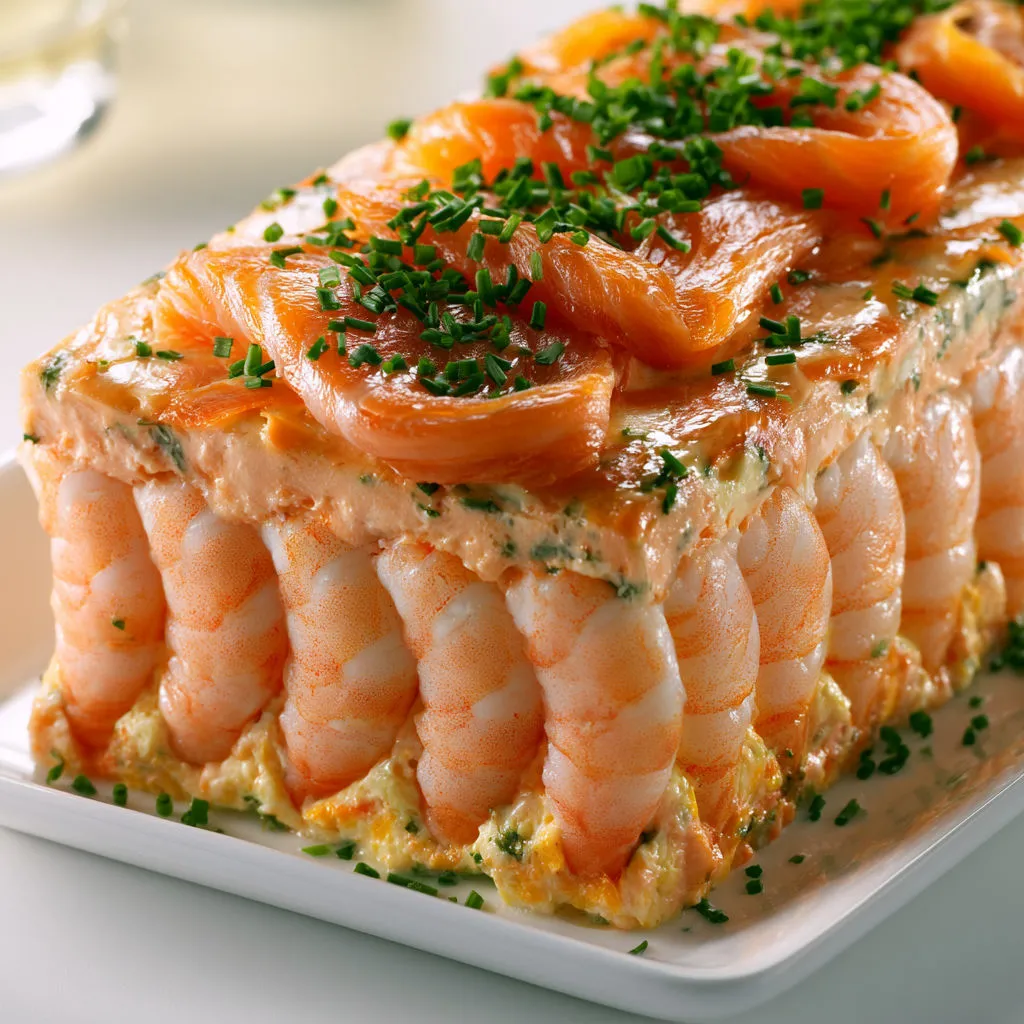 Terrine saumon crevettes, texture ultra fondante rehaussée de ciboulette fraîche.