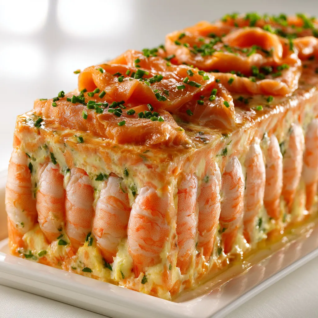 Terrine festive saumon crevettes, parfaite en entrée froide toute élégante.
