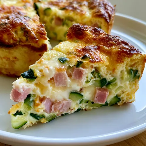 Une part de quiche sans pâte aux courgettes et jambon, servie sur un plateau.