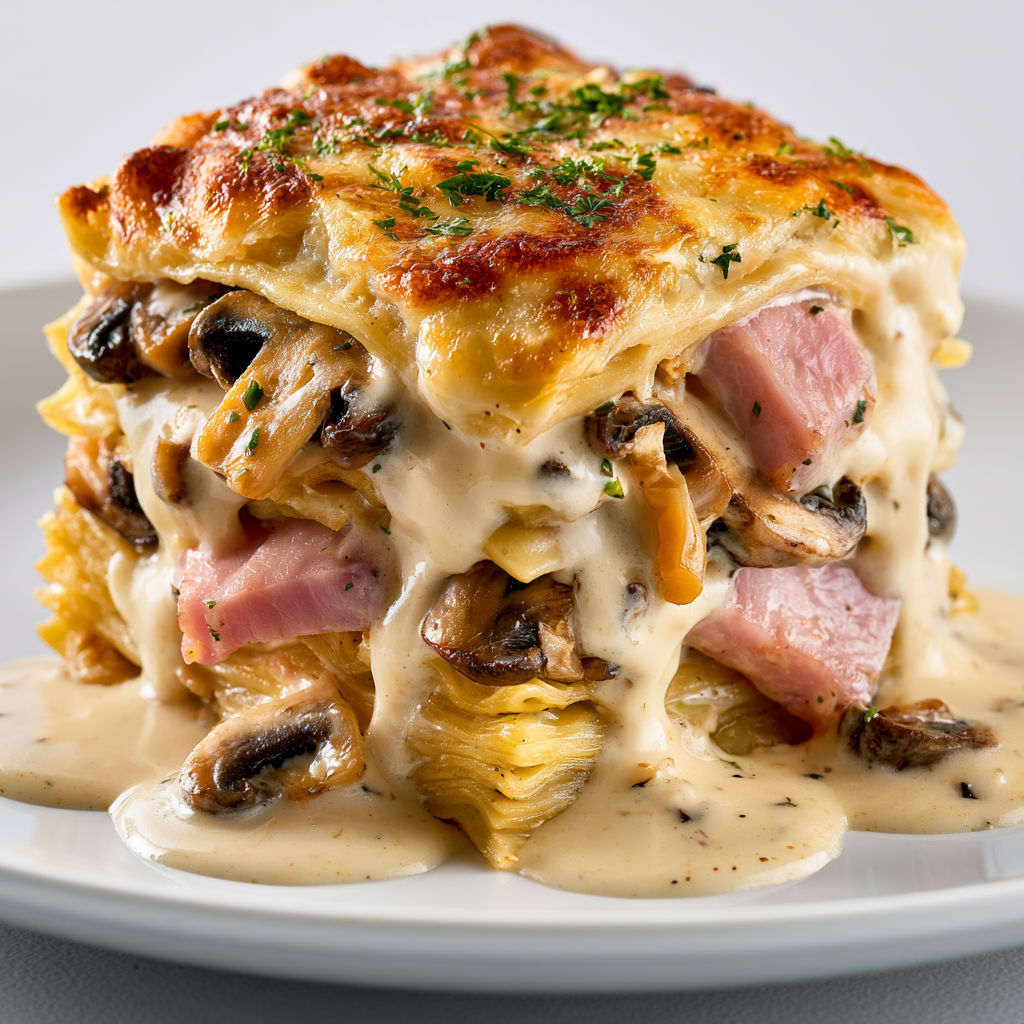 Un généreux plat de lasagnes au jambon et champignons, présenté sur un plateau.