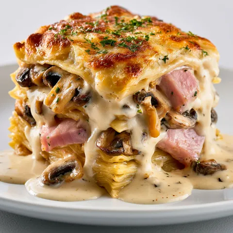 Un généreux plat de lasagnes au jambon et champignons, présenté sur un plateau.