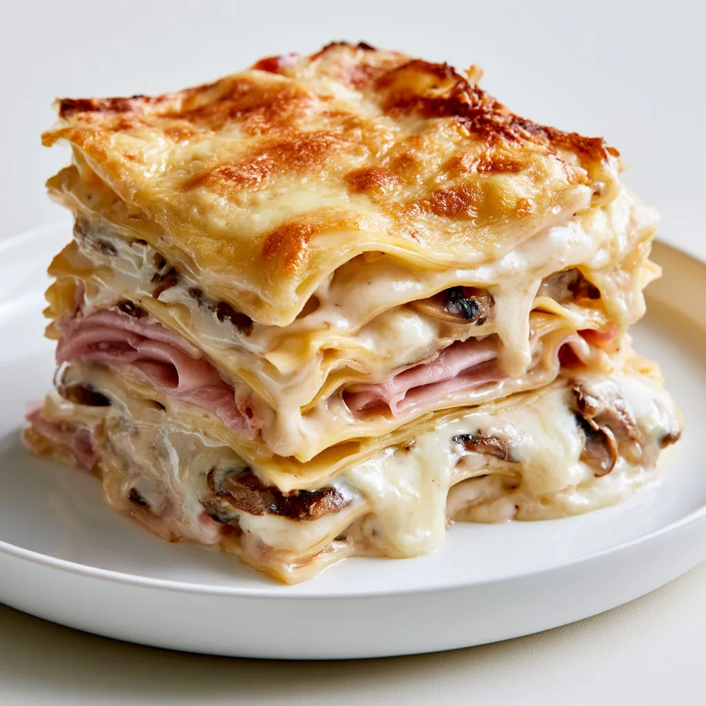 Lasagnes ultra crémeuses au jambon et champignons dorées au four.