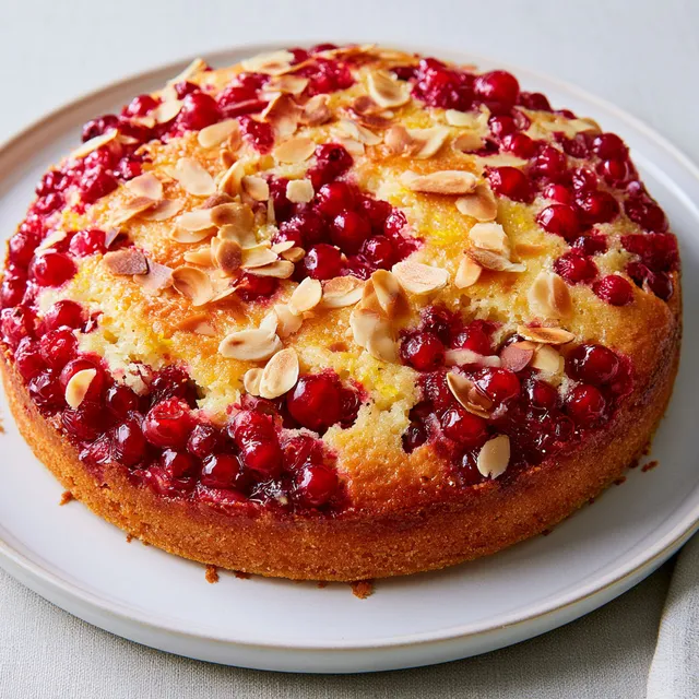Amandes et groseilles sur un gâteau joliment dressé.