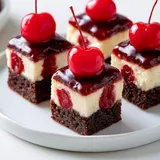 Brownie chocolaté et cheesecake aux cerises fait maison, texture moelleuse et goût intense.