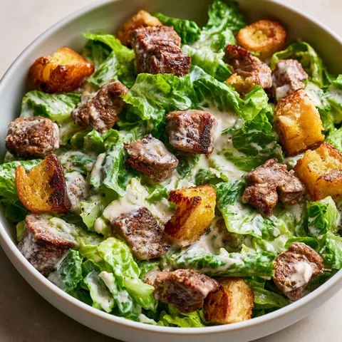 Version revisitée d'une César à l'agneau : légumes croquants et viande grillée bien présentés dans un bol.