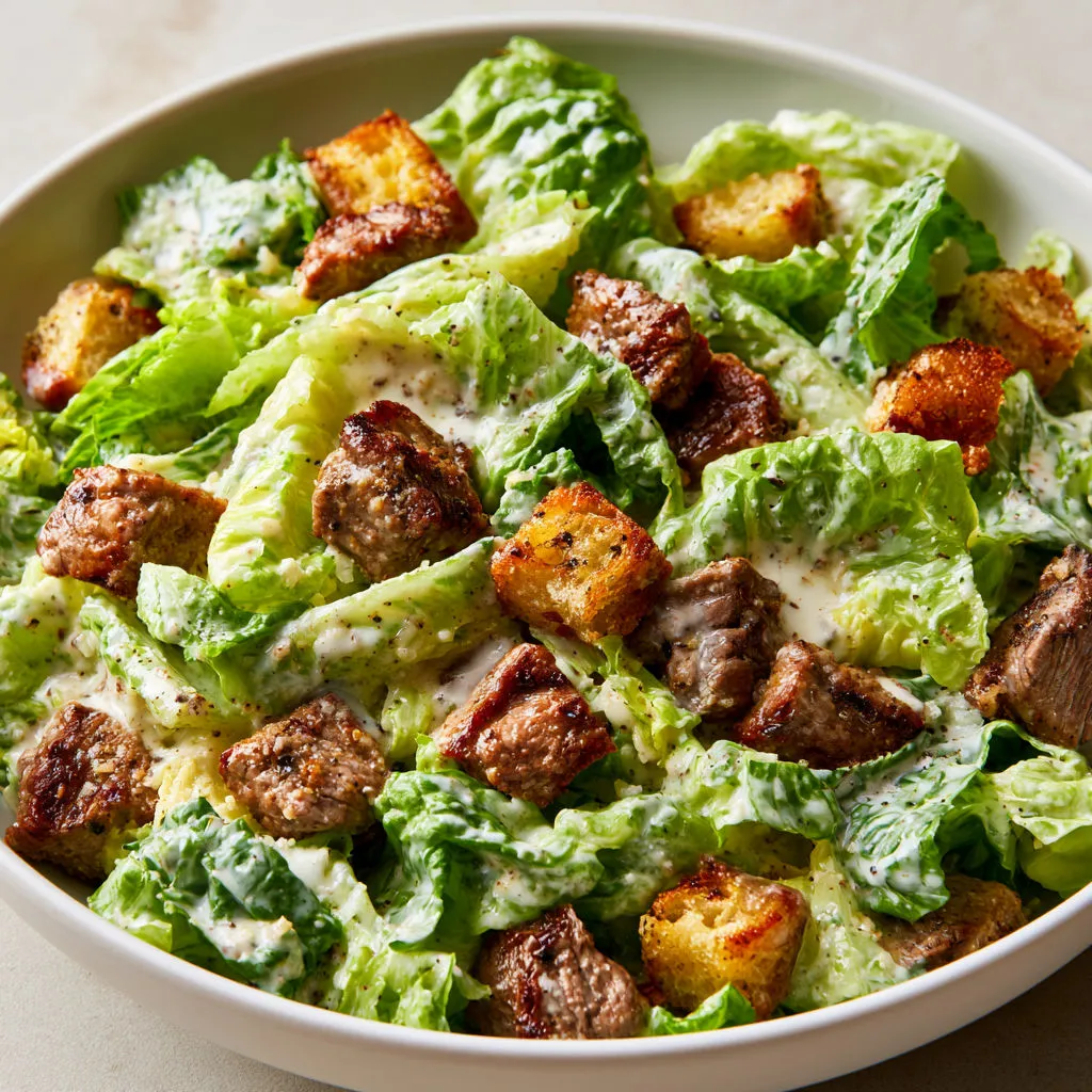 Salade César savoureuse au gigot d’agneau avec croûtons aillés.