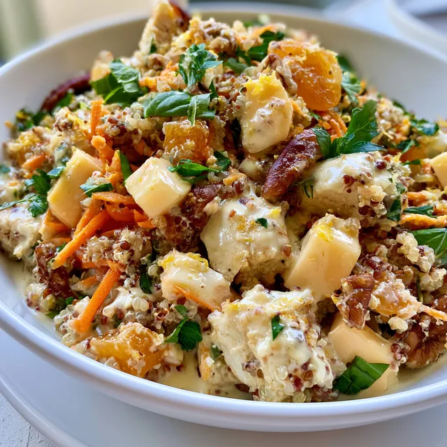 Un bol de salade mêlant quinoa, poulet, abricots secs, légumes croquants et graines à la surface.