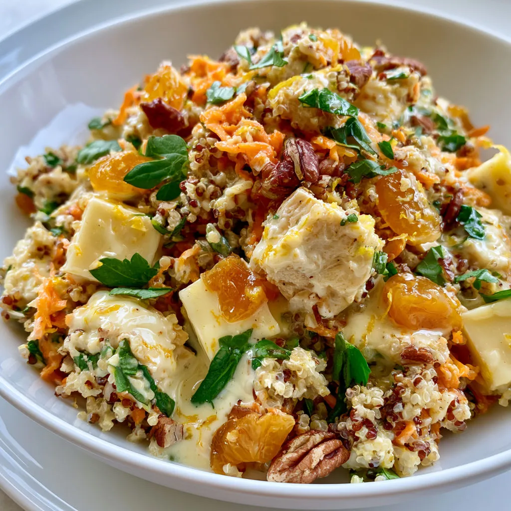 Salade Quinoa Poulet Abricots Noix croustillantes.