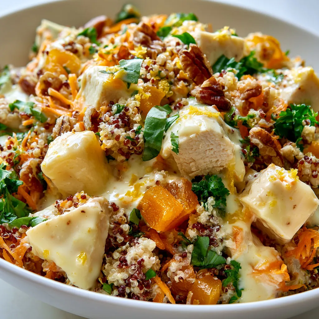 Bol équilibré Quinoa Poulet Fruits secs Fromage fondant.