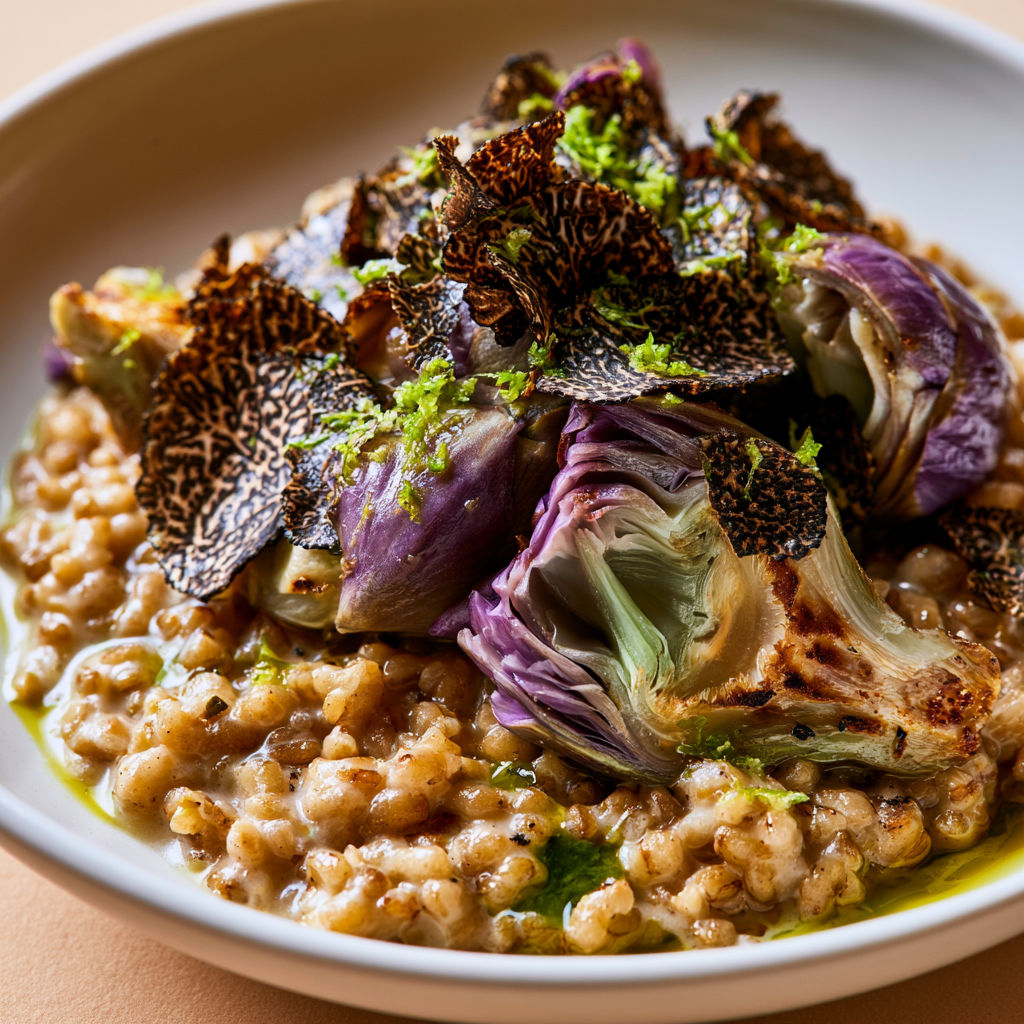 Épeautre Gourmand Façon Risotto aux Artichauts Fondants et Truffe.