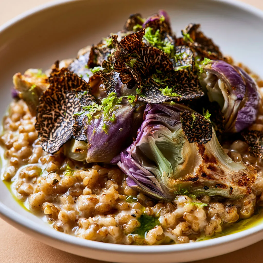 Épeautre Gourmand Façon Risotto aux Artichauts Fondants et Truffe.