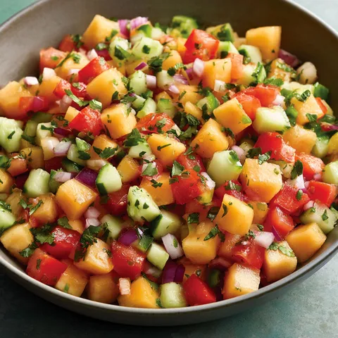 Bol rempli d'un mélange frais de cantaloup, tomates et herbes.