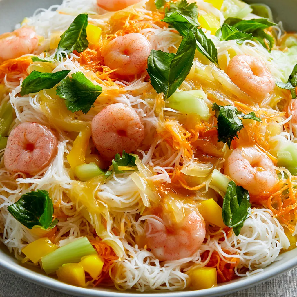 Nouilles Froides aux Crevettes Sauce Asiatique Fraîche.