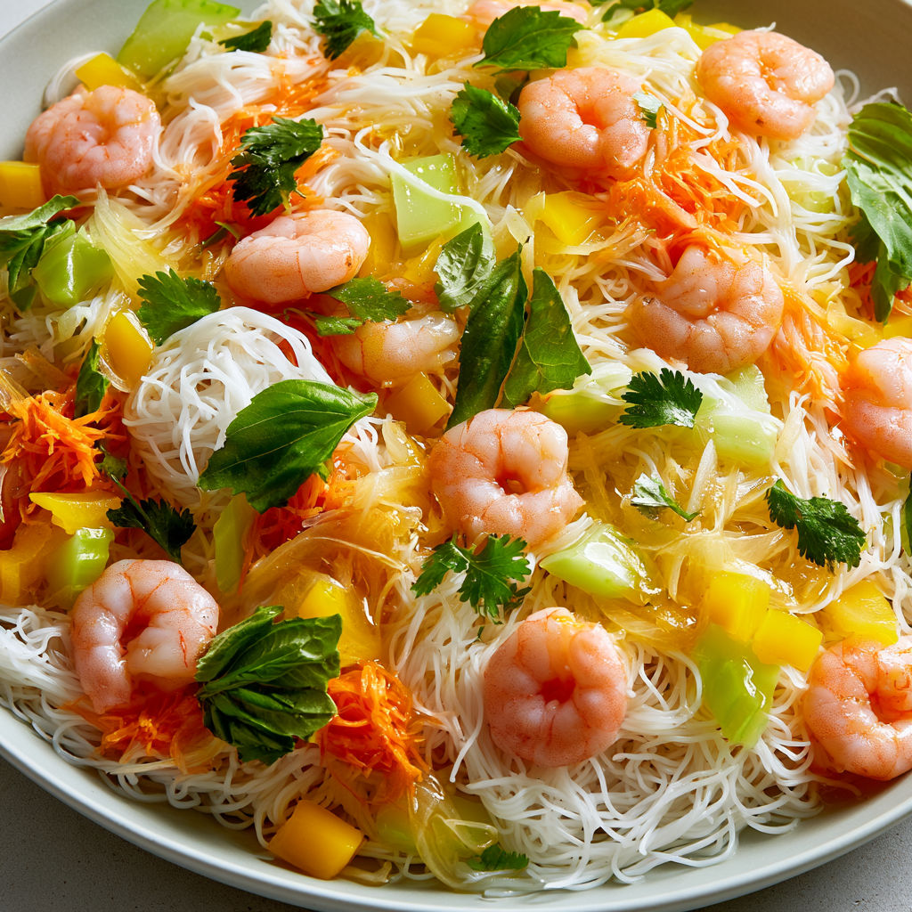 Salade Thaï Froides Nouilles Crevettes Légumes Sauce Parfumée.