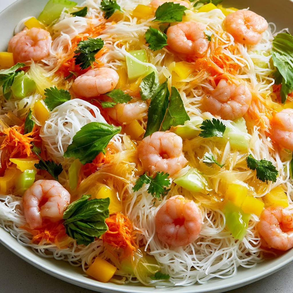 Salade Thaï Froides Nouilles Crevettes Légumes Sauce Parfumée.