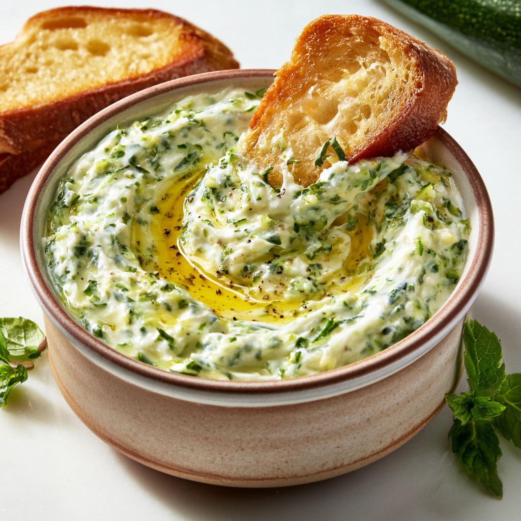 Tartine fraîche de courgette et chèvre sur pain avec herbes fraîches.