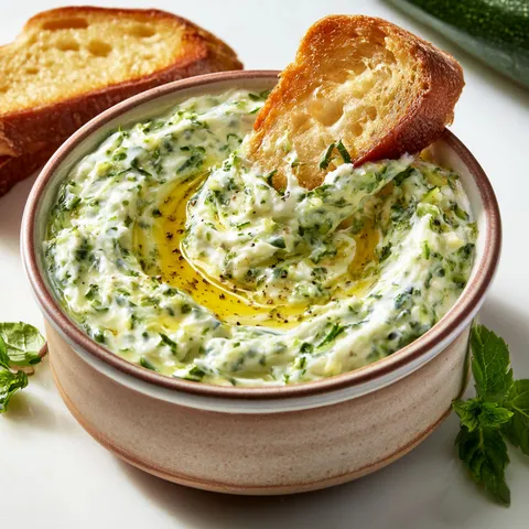 Tartine fraîche de courgette et chèvre sur pain avec herbes fraîches.