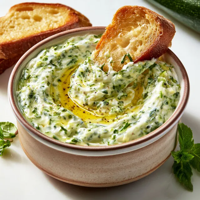 Tartine fraîche de courgette et chèvre sur pain avec herbes fraîches.