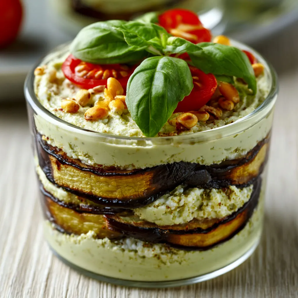 Un plat avec aubergine, ricotta et pesto en couches, dans un verre.