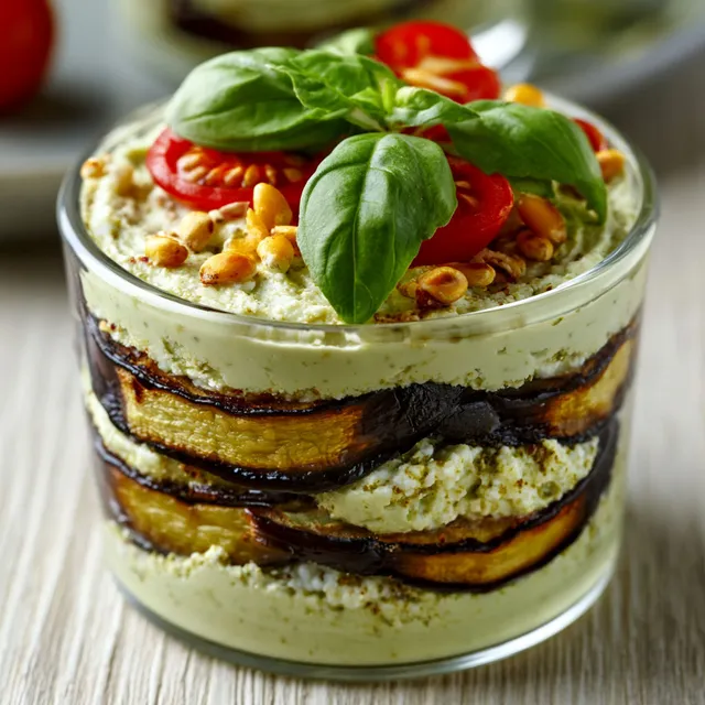 Un plat avec aubergine, ricotta et pesto en couches, dans un verre.