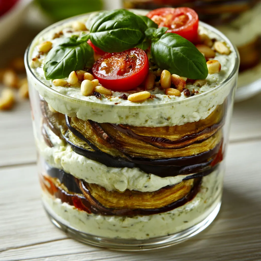 Salé d’Aubergines Grillées, Ricotta Douce et Pesto Basilic.