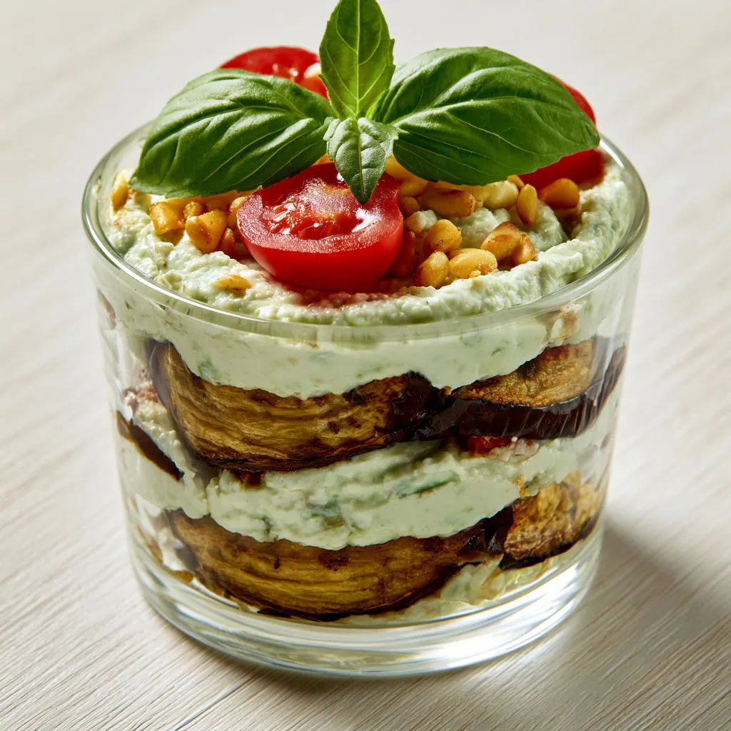 Millefeuille d’Aubergines, Crème Ricotta-Pesto et Herbes fraîches.