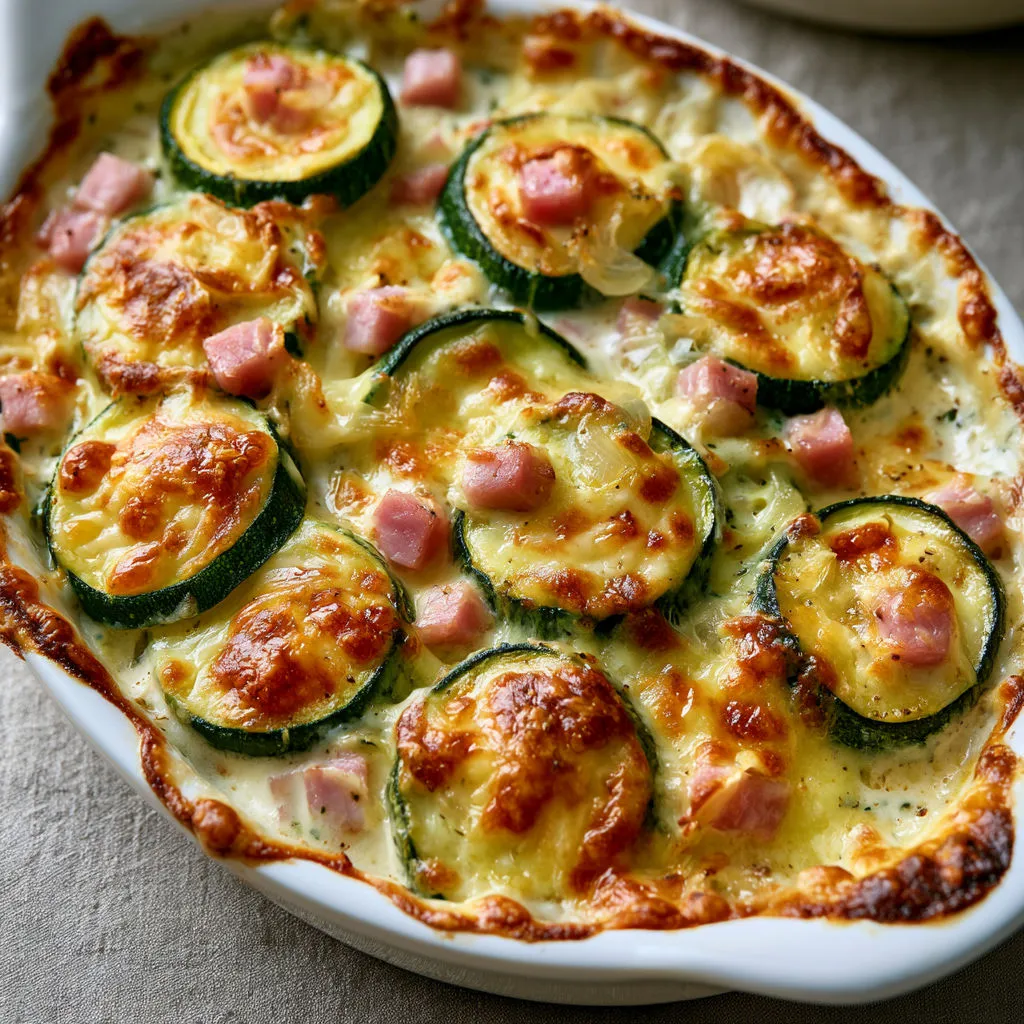 Des courgettes dorées au four avec du jambon et comté gratiné.