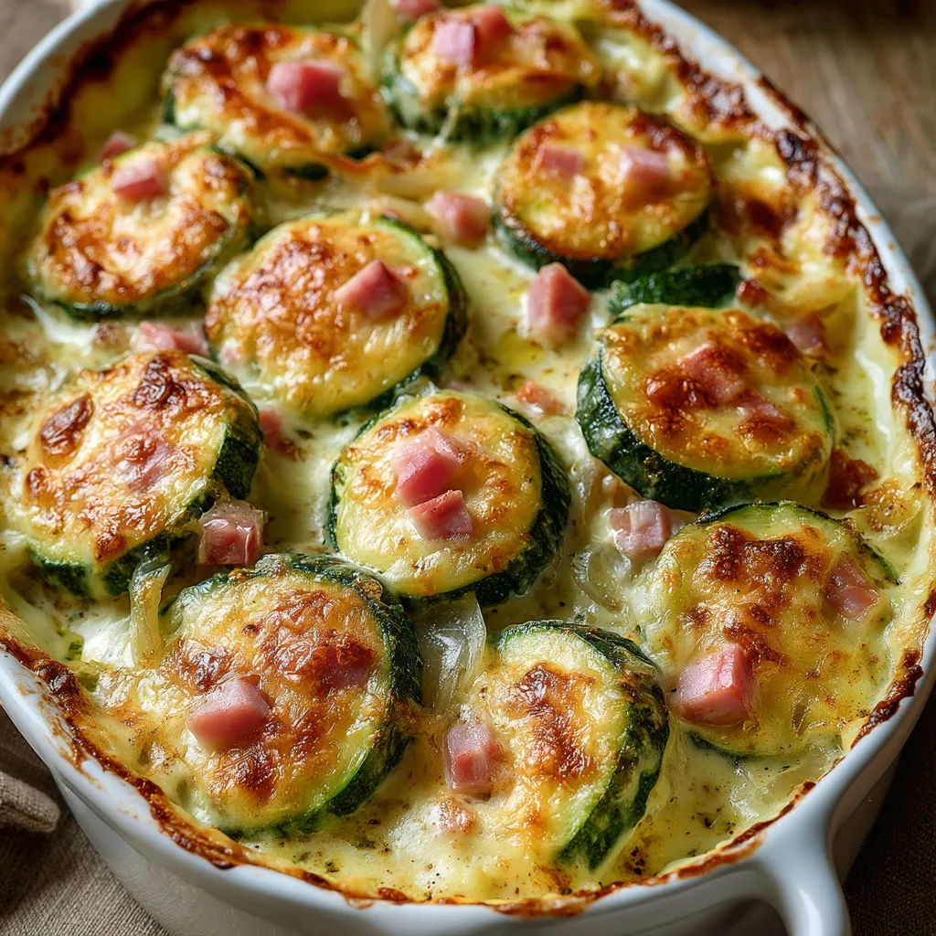 Gratin tendre de courgettes au jambon et comté gratiné.