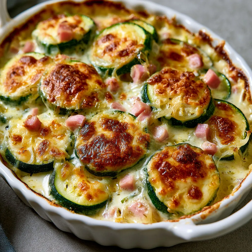 Courgettes, crème, jambon et comté gratinés au four.