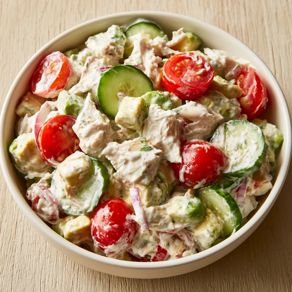 Salade Poulet Avocat Complète, sauce yaourt qui change tout.