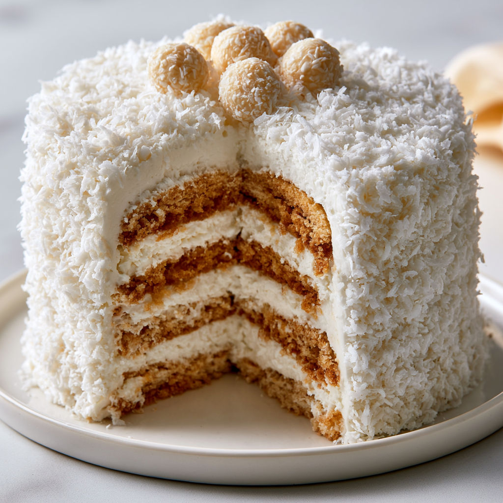 Gâteau Raffaello ultra frais et simple aux Petits Beurre et crème coco mascarpone.