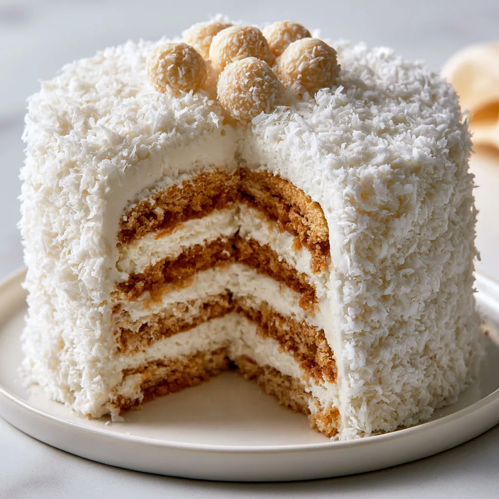 Gâteau Raffaello ultra frais et simple aux Petits Beurre et crème coco mascarpone.