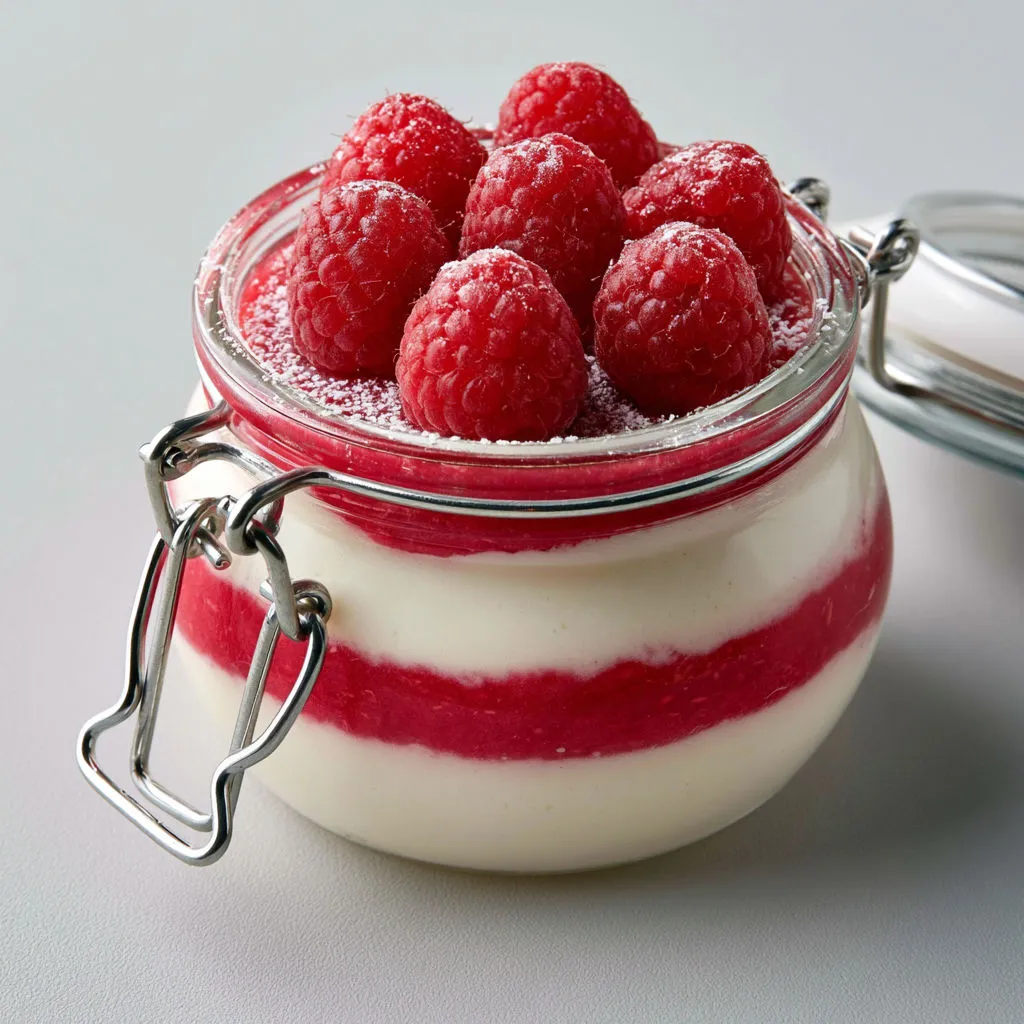 Un dessert en verre avec couches de framboises et crème mascarpone.