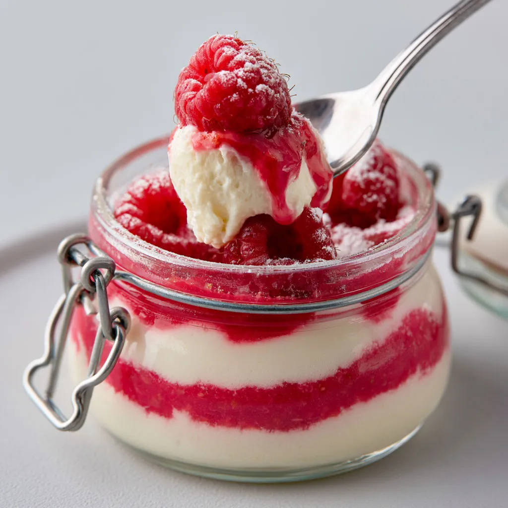 Mousse toute légère mascarpone-framboise en verre, deux couleurs.