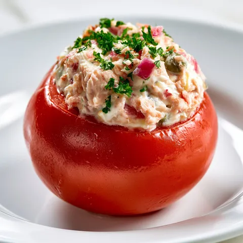 Une tomate garnie de thon présentée sur un plat blanc.