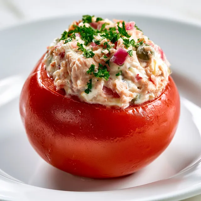 Une tomate garnie de thon présentée sur un plat blanc.