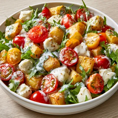 Tomates cerises et mozzarella sur lit de roquette.