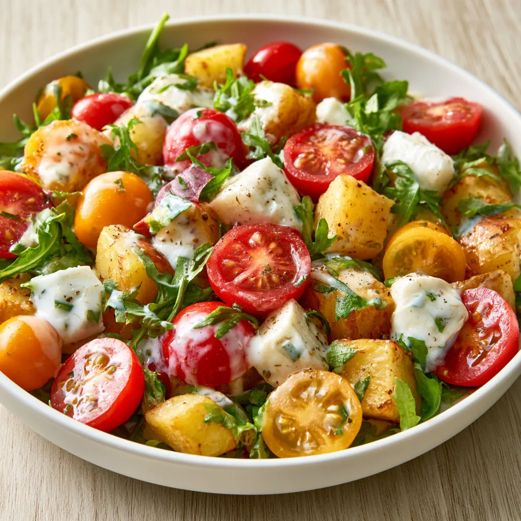 Salade croquante pommes de terre, mozzarella, tomates cerises et sauce crémeuse.