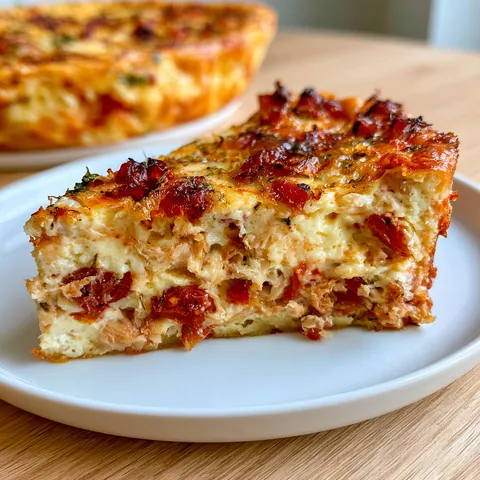 Un morceau de flan moelleux tomate et thon servi sur une assiette blanche.