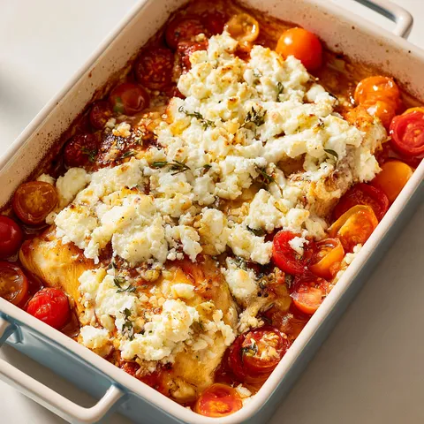 Plat de poulet gratiné avec tomates cerises et feta fondue.