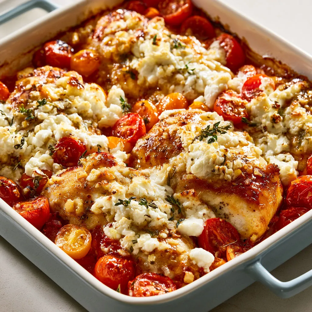 Poulet Gratiné aux Tomates Cerises et Feta Bien Fondante en Sortie de Four.