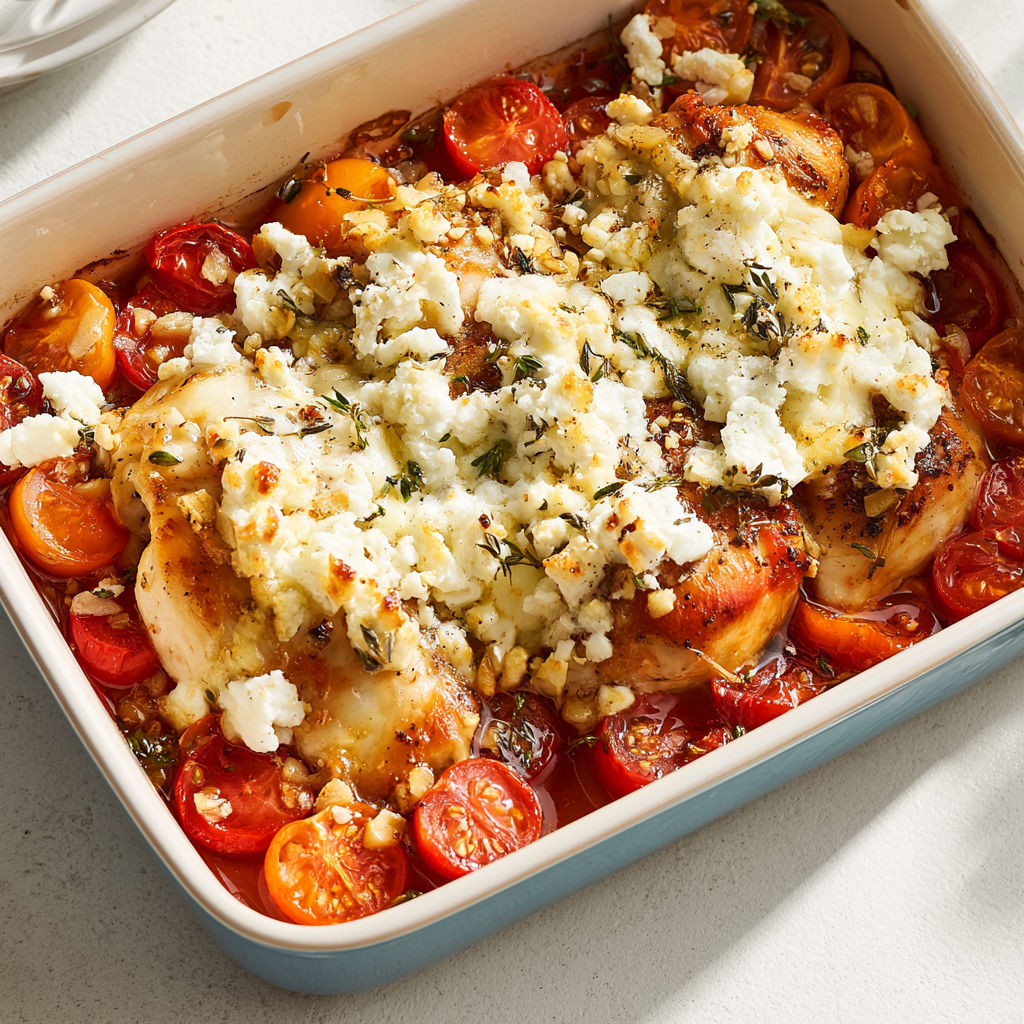 Aiguillettes de Poulet Mijotées à la Feta et Tomates Cerises, Dorées et Pleines de Saveurs au Thym.