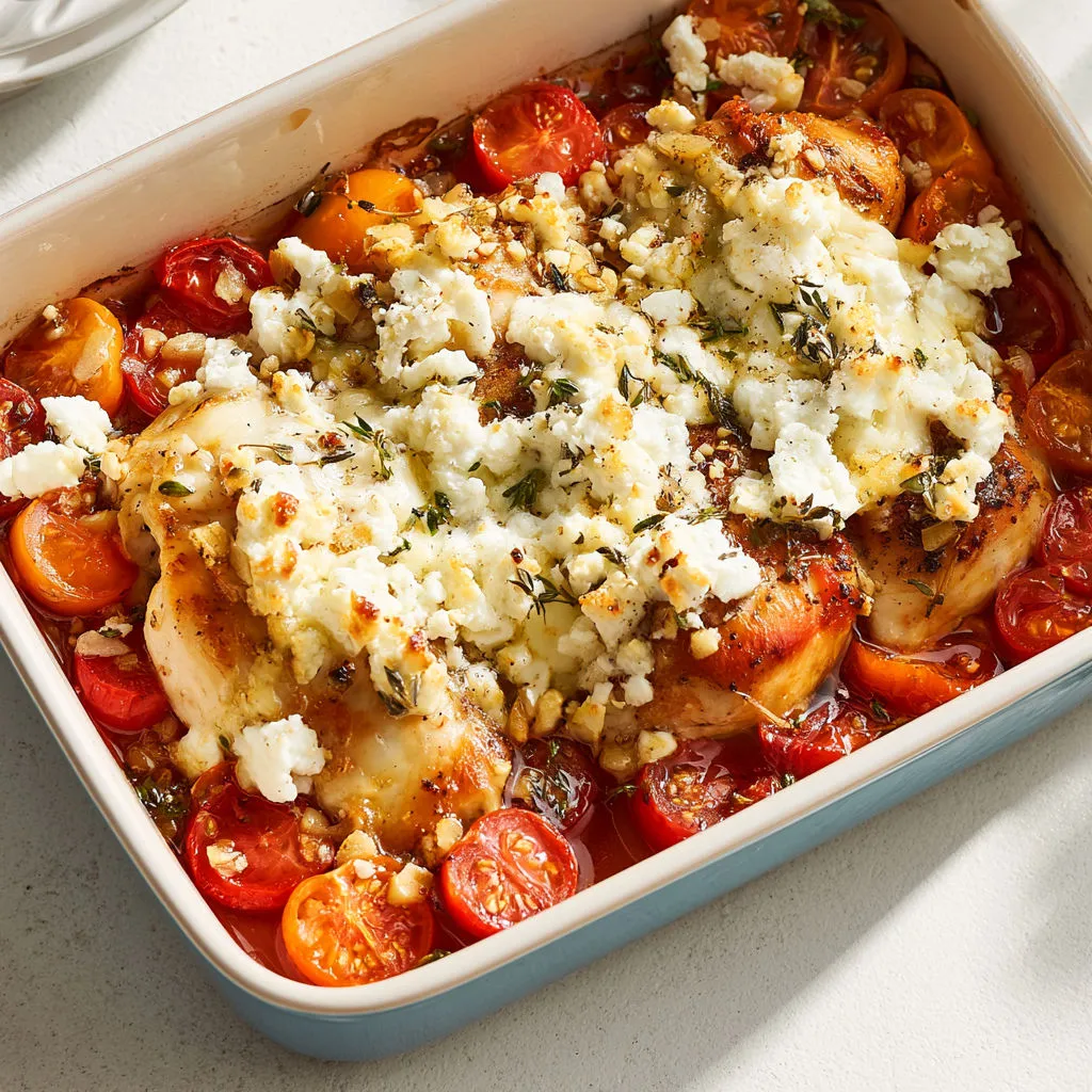 Aiguillettes de Poulet Mijotées à la Feta et Tomates Cerises, Dorées et Pleines de Saveurs au Thym.