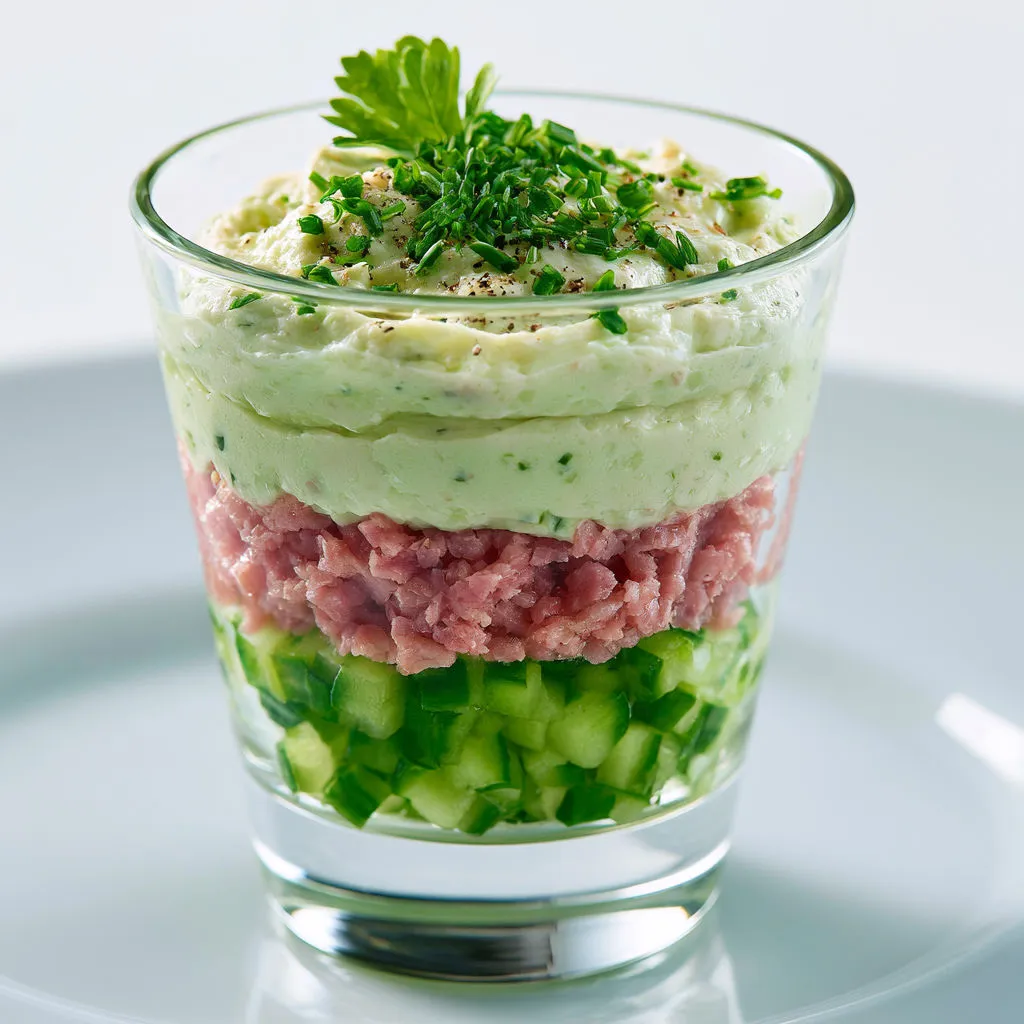Entrée Rapide en Verrine Concombre Jambon Boursin Onctueux.