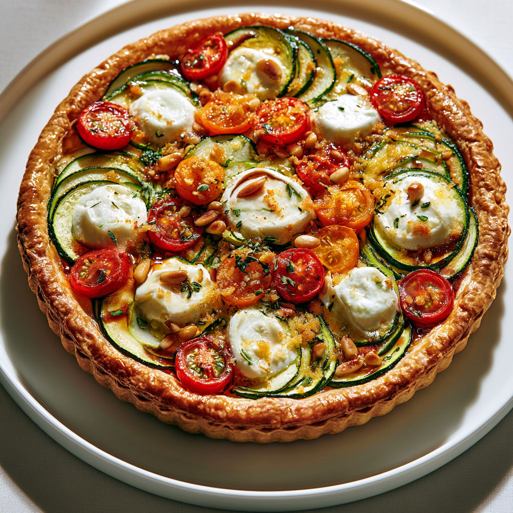 Tarte d’été ultra colorée au chèvre, pesto rosso et légumes du soleil.